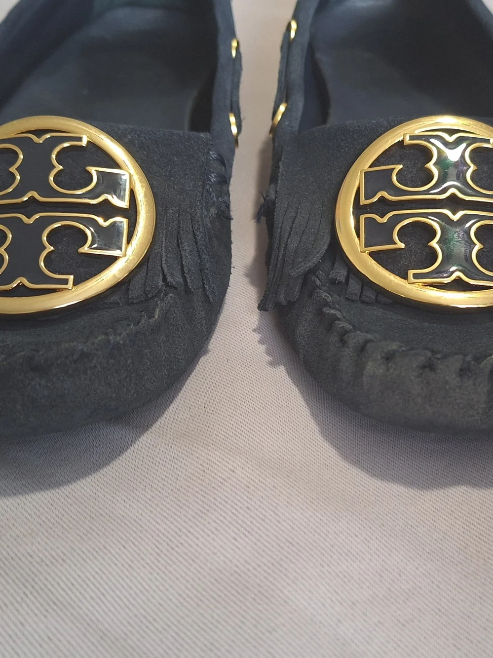 Tory Burch Alexandra Navy Blue Suede Moccasin Flats Slip-On Logo Women's Size 7M